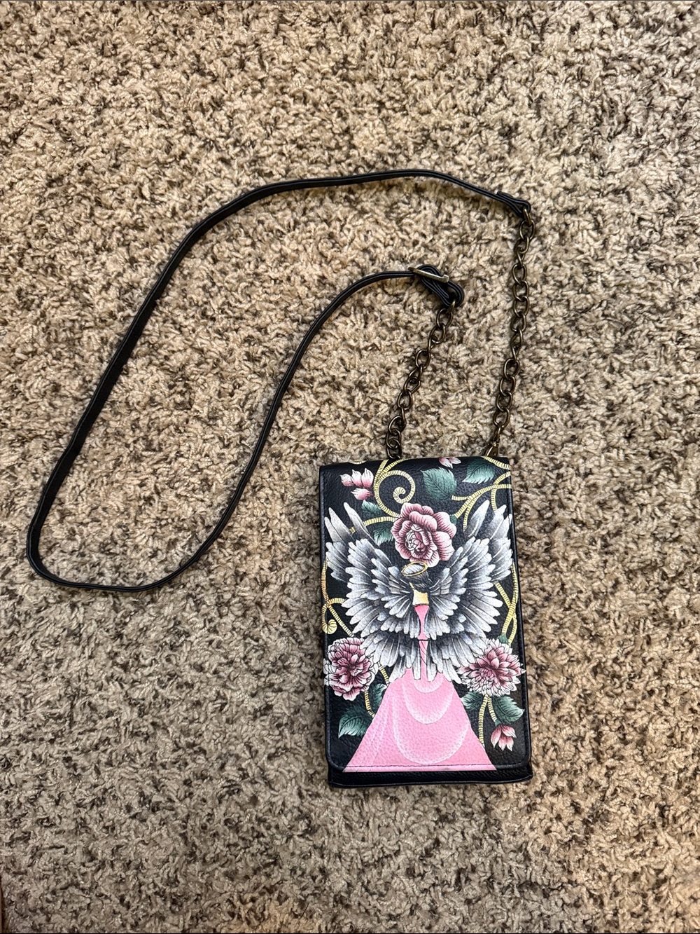 Anuschka Hand-Painted Black Crossbody with Pink Floral Guardian Angel